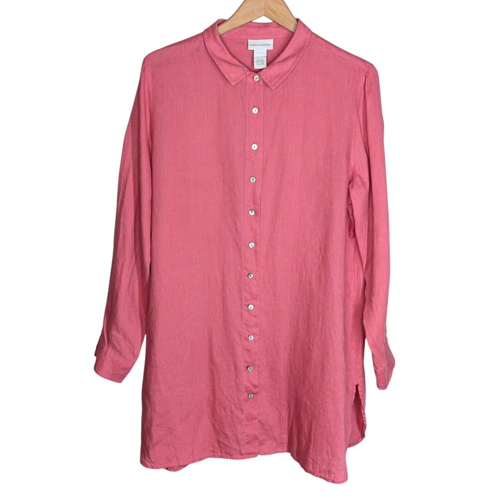 Soft Surroundings 100% Linen Long Tunic Button Shirt Sz L Coral Pink Long Sleeve
